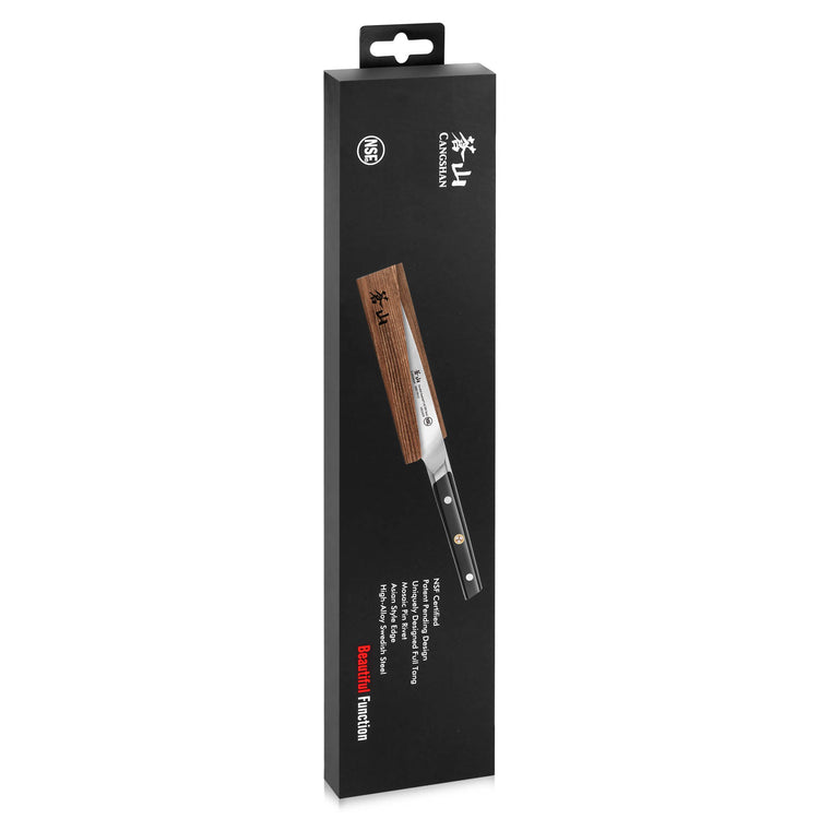 Chef's knife with wooden handle displayed on black rectangular packaging box.