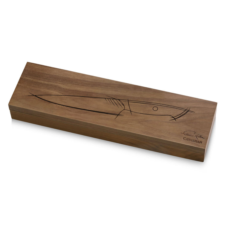 Wooden knife storage box with a simple line drawing of a utility knife on the lid.