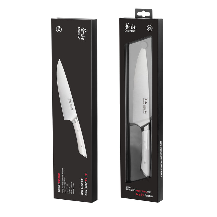 8-inch chef's knife with a white handle displayed inside and outside black packaging boxes.