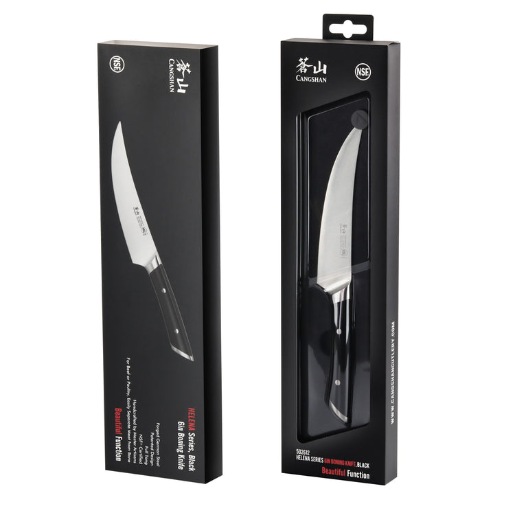 Two boxed boning knives with curved blades and black handles, displayed upright in black packaging.