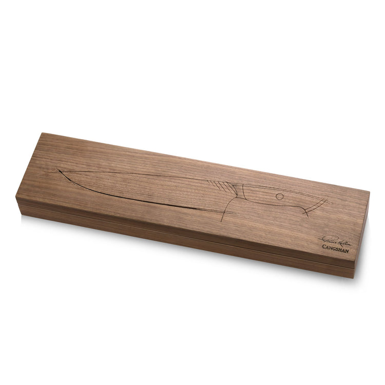Rectangular wooden knife block with an engraved outline of a chef's knife on the top surface.
