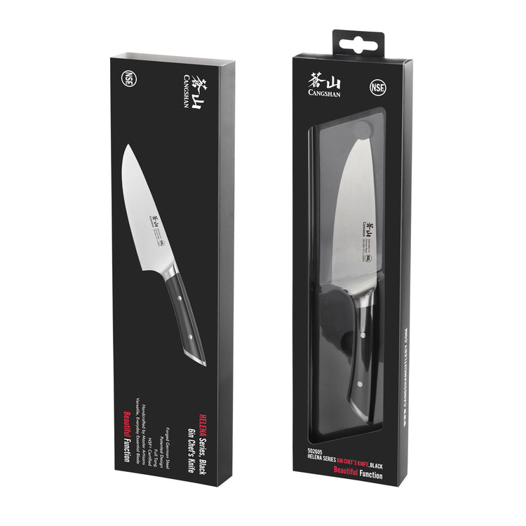 Two black rectangular boxes displaying a 6-inch chef's knife with a black handle, one box showing the knife inside clear plas