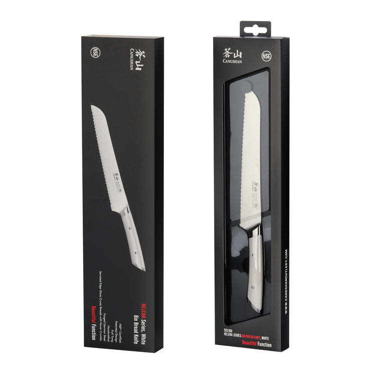 8-inch serrated bread knife with white handle displayed inside and outside black packaging boxes.