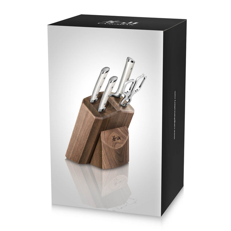 Knife set with wooden block and five stainless steel knives displayed on packaging box.