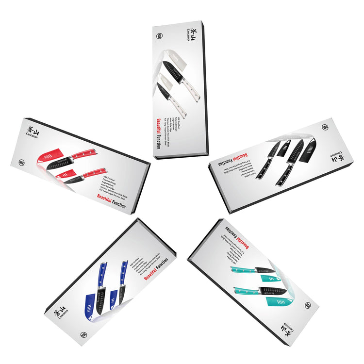 Five boxed sets of kitchen knives arranged in a circle, each set featuring three knives with different colored handles.