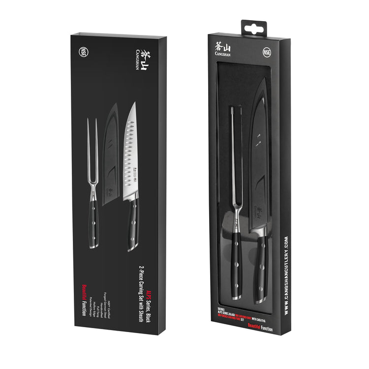 Black 2-piece carving set with a knife and fork, featuring forged German steel blades and black handles, in a sheath.