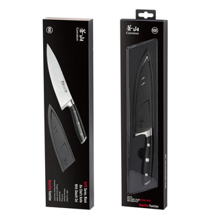 
                    
                      Black-handled 8-inch chef knife with sheath, displayed in vertical retail packaging.
                    
                  
