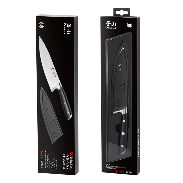 Black-handled 8-inch chef knife with sheath, displayed in vertical retail packaging.