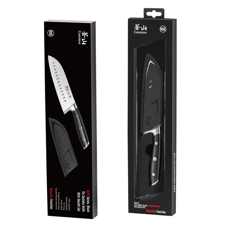 Two boxed Santoku knives with black handles and protective sheaths, displayed vertically against a white background.