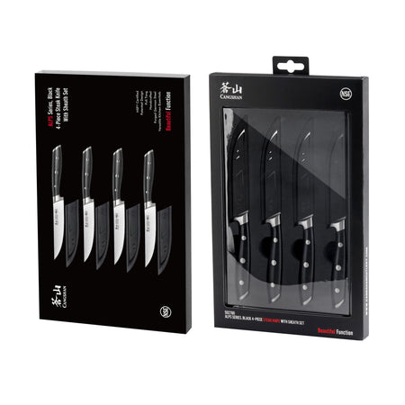 Four black-handled steak knives with sheaths displayed in black packaging, showing blade and handle design.
