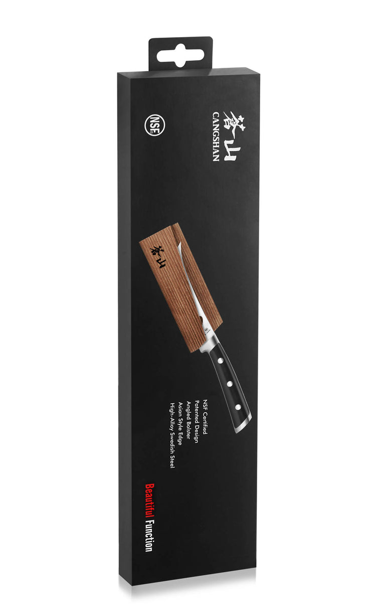 TS Series 5-inch tomato/cheese knife with black handle and wood sheath in black packaging box.
