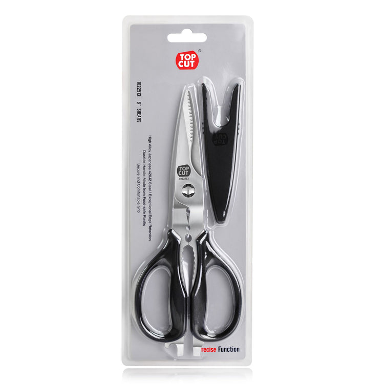 Heavy-duty kitchen shears with black handles and a protective black sheath in clear packaging.