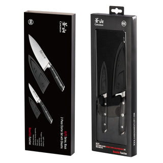 
                    
                      Two black-handled knives with black sheaths displayed in black packaging, labeled as a 2-piece starter set.
                    
                  