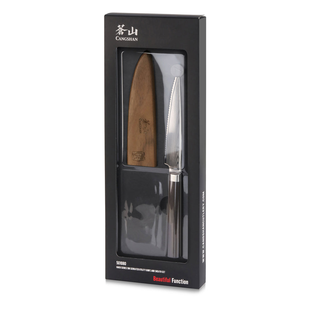 
                  
                    Cargar imagen en el visor de la galería, HAKU Series 5-Inch Serrated Utility Knife with Sheath, Forged X-7 Damascus Steel, 501080
                  
                