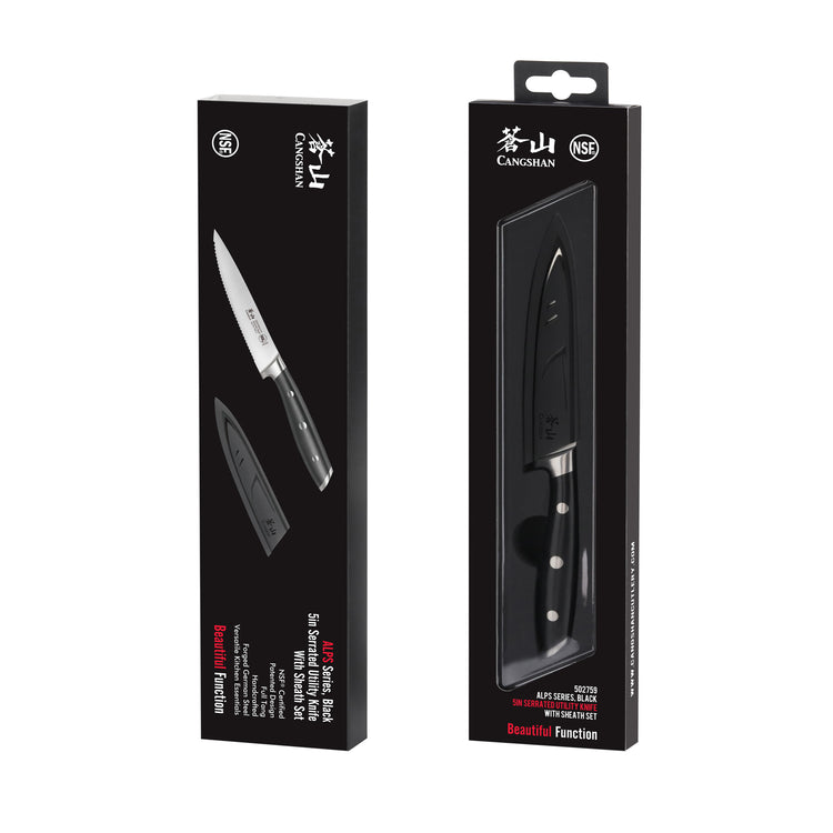 Two boxed kitchen knives with black handles and protective sheaths, displayed upright against a white background.