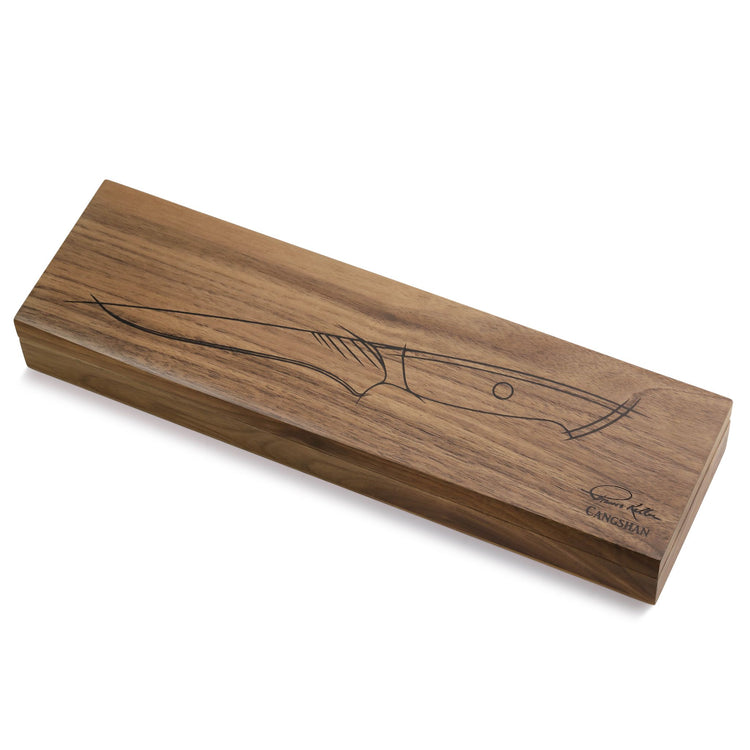 Rectangular wooden box with a knife outline sketch and signature on the lid.