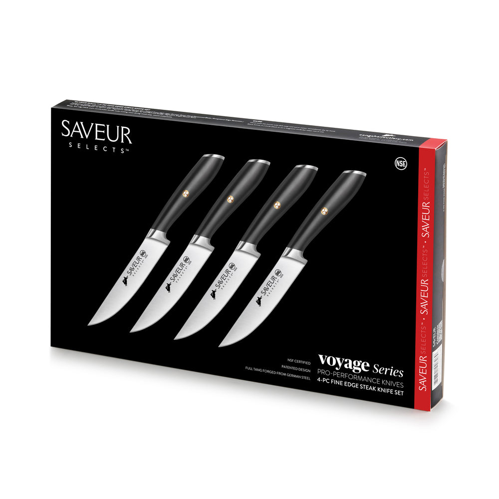 
                  
                    Load image into Gallery viewer, Saveur Selects 1026269 German Steel Forged 4-Piece Fine Edge Steak Knife Set
                  
                