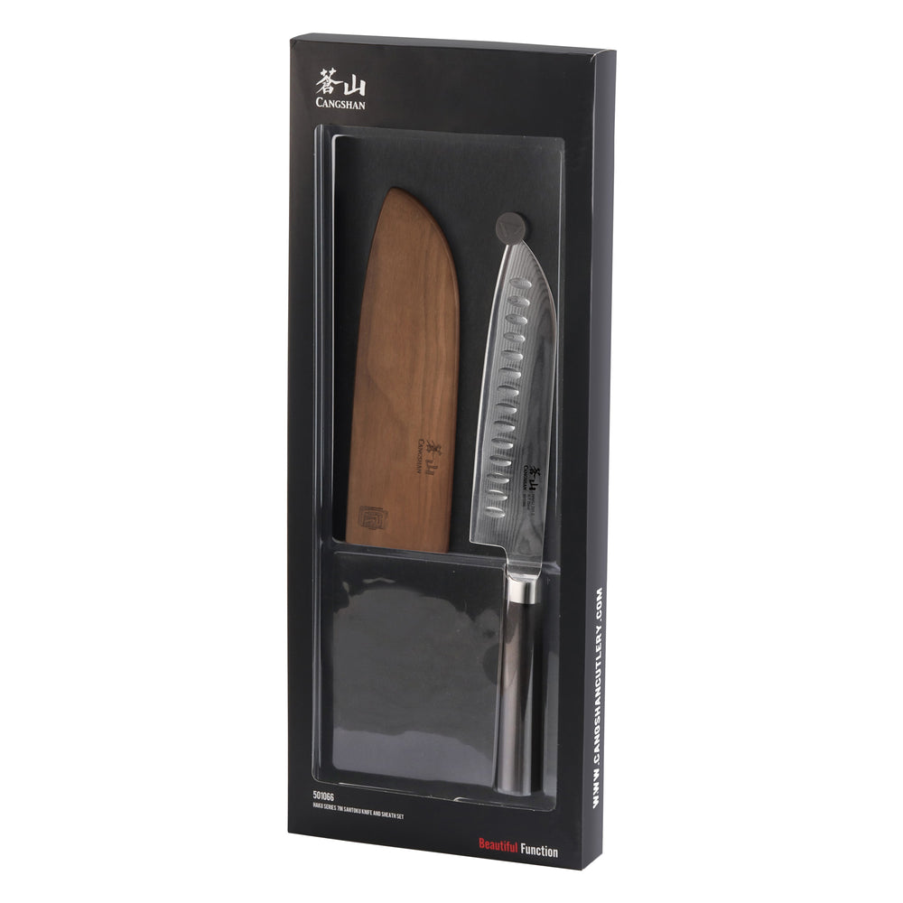 
                  
                    Load image into Gallery viewer, HAKU Series 7-Inch Santoku Knife with Sheath, Forged X-7 Damascus Steel, 501066
                  
                