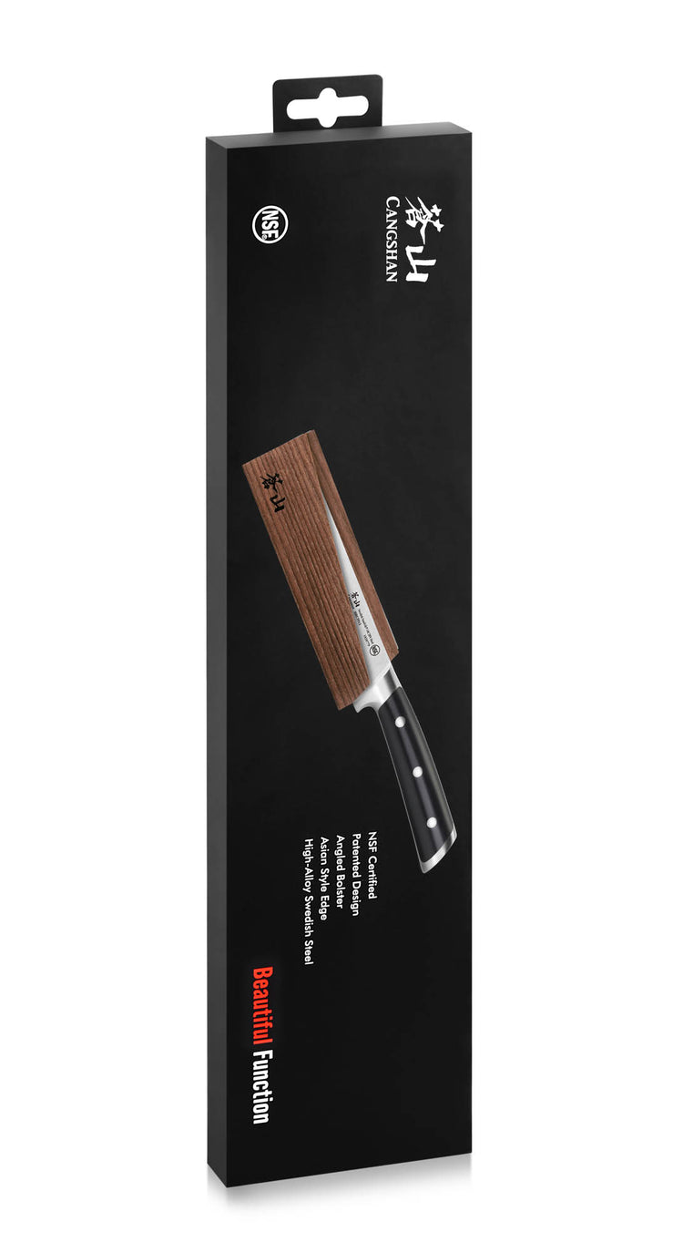 Boning knife with a black handle and wooden sheath displayed on black packaging with white and red text.