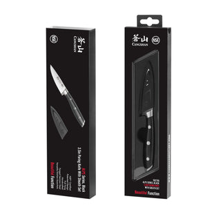 
                    
                      Black 3.5-inch paring knife with three-rivet handle and protective sheath in black retail packaging.
                    
                  