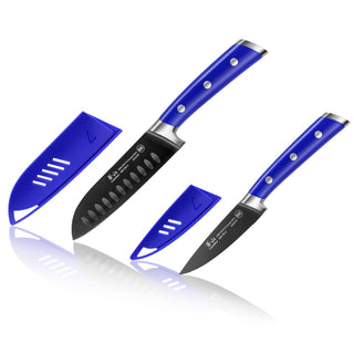
                    
                      Two kitchen knives with blue handles and black blades, each with a matching blue protective sheath.
                    
                  