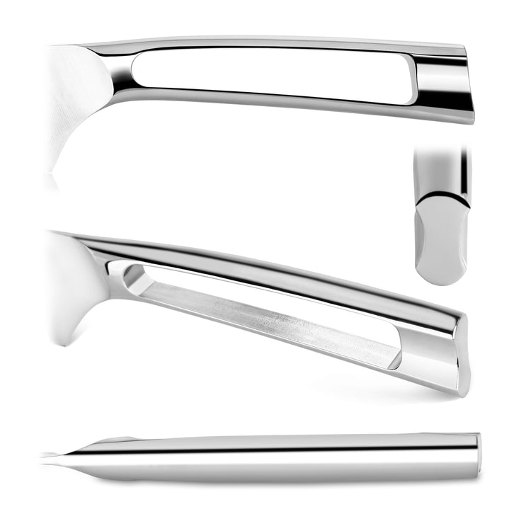 Polished stainless steel carving knife handle shown from multiple angles, featuring a hollowed ergonomic design.