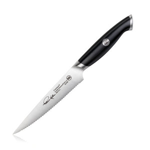 
                  
                    Load image into Gallery viewer, TKSC 5-Inch Serrated Utility Knife, Forged Swedish Powder Steel, Thomas Keller Signature Collection, Black, 1023909
                  
                
