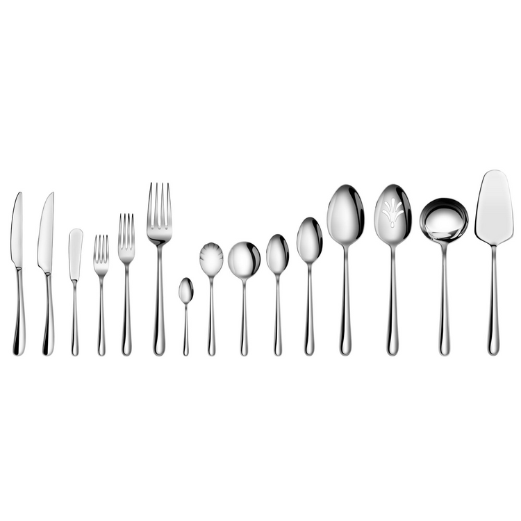 Set of polished stainless steel flatware including knives, forks, spoons, serving spoon, ladle, and pie server.