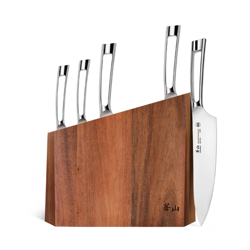 Wooden knife block holding five knives with stainless steel handles, one knife partially removed from the block.