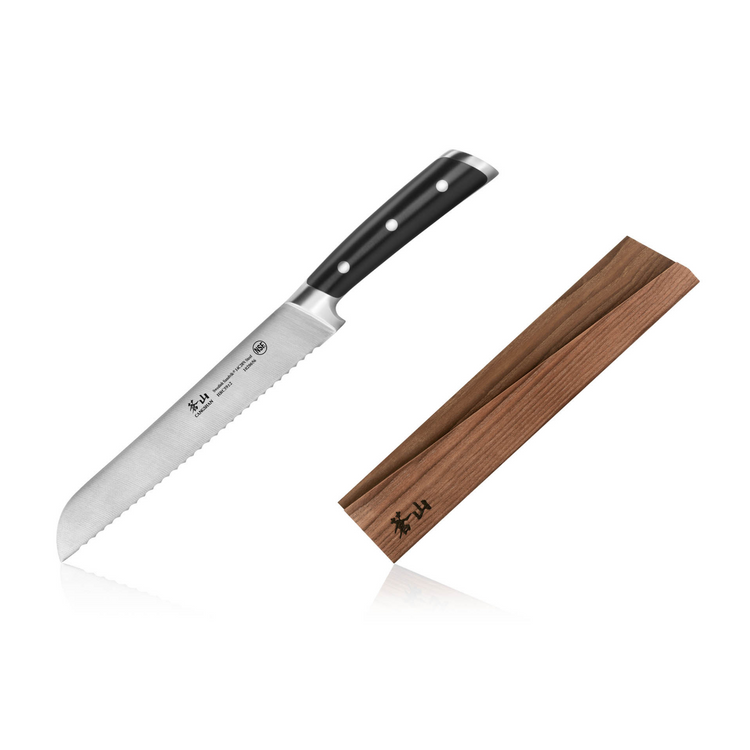 8-inch serrated bread knife with black handle and wooden sheath with engraved logo.