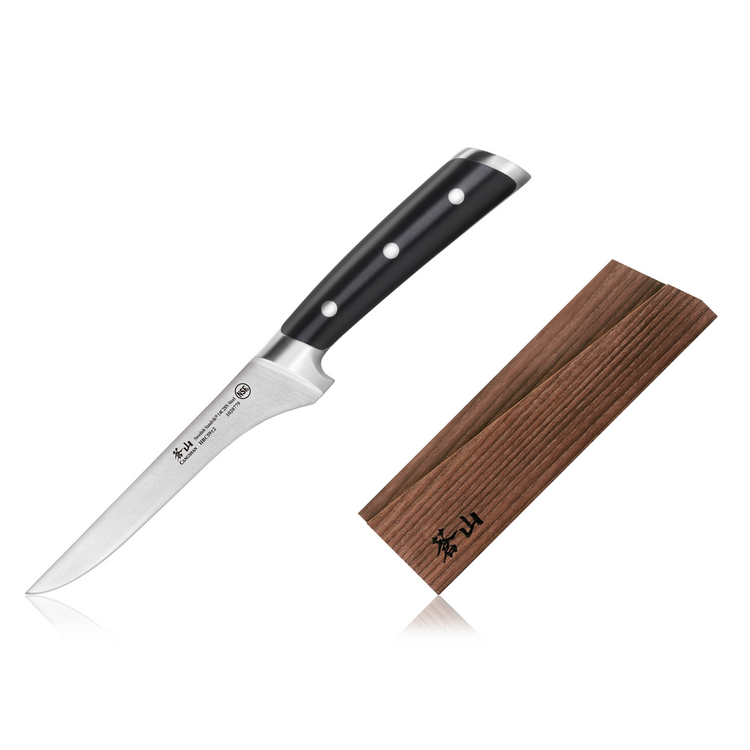 6-inch boning knife with black handle and two rivets, next to a wooden sheath with engraved characters.