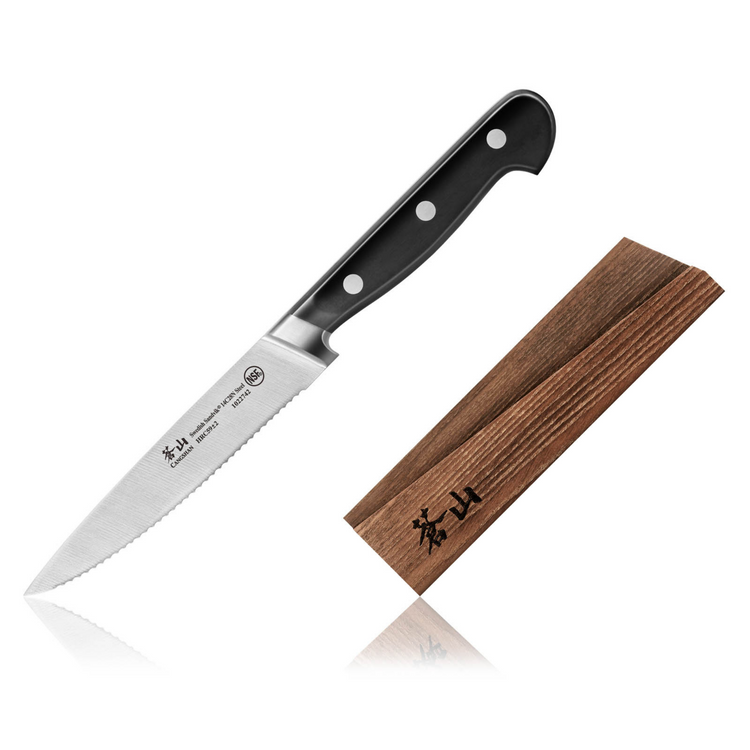 Serrated kitchen knife with black handle and wooden sheath featuring Japanese characters.