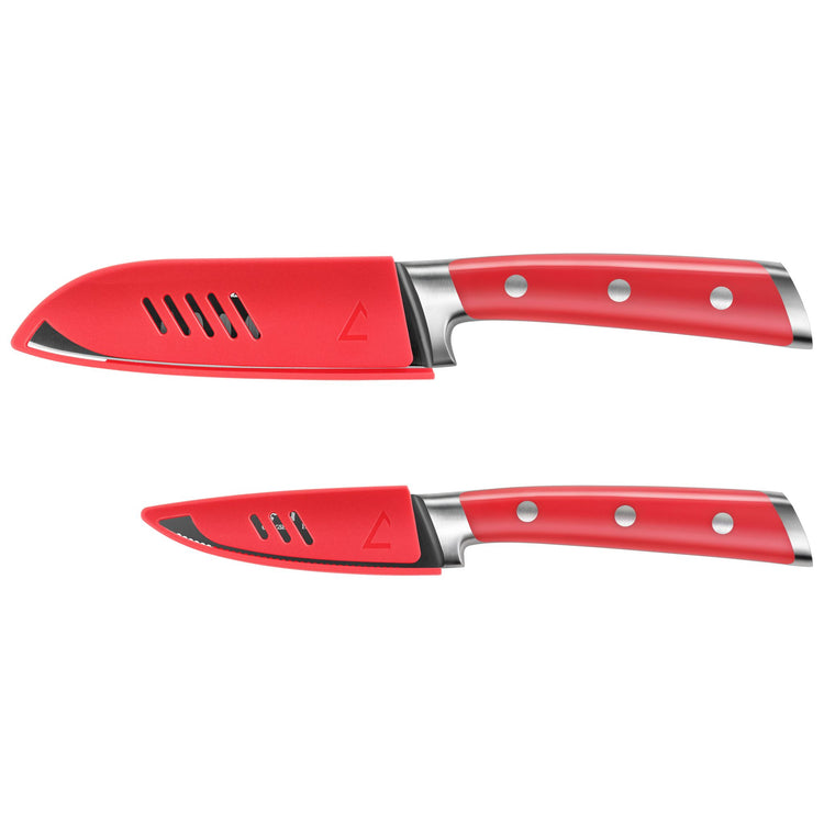 Two red-handled kitchen knives with protective blade covers, one large and one small, on a white background.