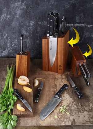 
                  
                    Load image into Gallery viewer, TV2 Series 14-Piece Magnetic Knife Block Set, Forged Swedish 14C28N Steel, DENALI Acacia Block, 1023046
                  
                