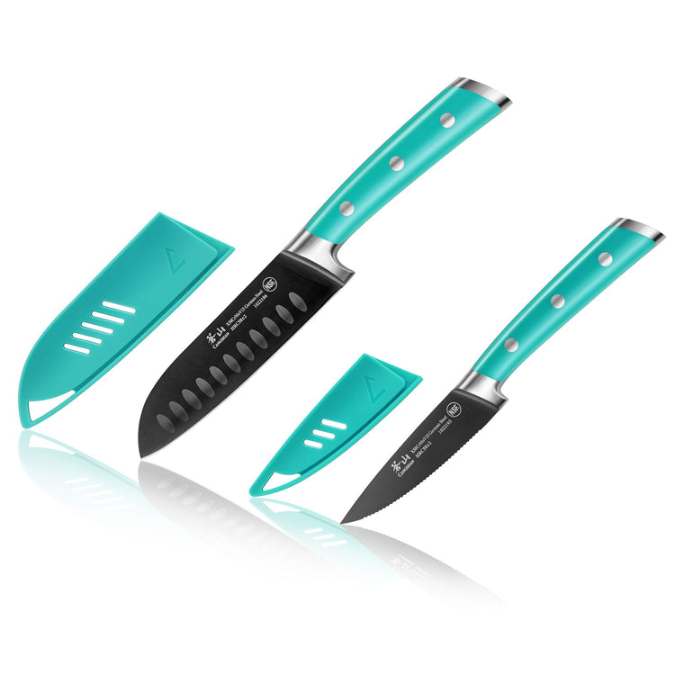 Two kitchen knives with teal handles and matching teal blade covers on a white background.