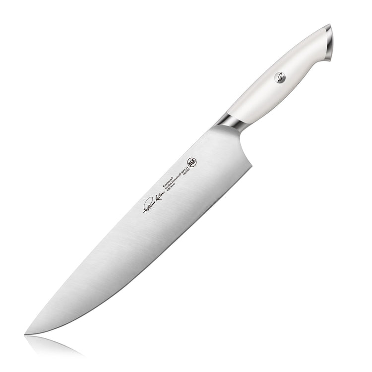 TKSC Series 10-inch chef's knife with white handle and forged stainless steel blade from Thomas Keller Signature Collection.