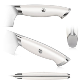 
                    
                      White ergonomic knife handle with stainless steel accents and a logo emblem, shown from multiple angles.
                    
                  