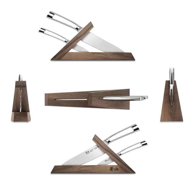 Three stainless steel knives with polished handles in a triangular walnut wood block shown from multiple angles.