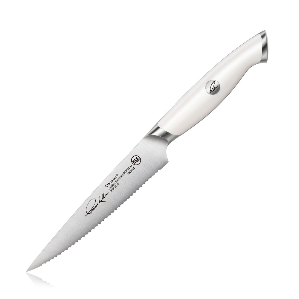 
                  
                    Load image into Gallery viewer, Cangshan TKSC White Series 1025491 Swedish Damasteel RWL34 Powder Steel Forged 5&amp;quot; Serrated Utility Knife
                  
                