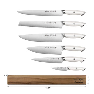 
                    
                      Six stainless steel knives with white handles arranged above a wooden magnetic knife bar measuring 17.87 by 2 inches.
                    
                  