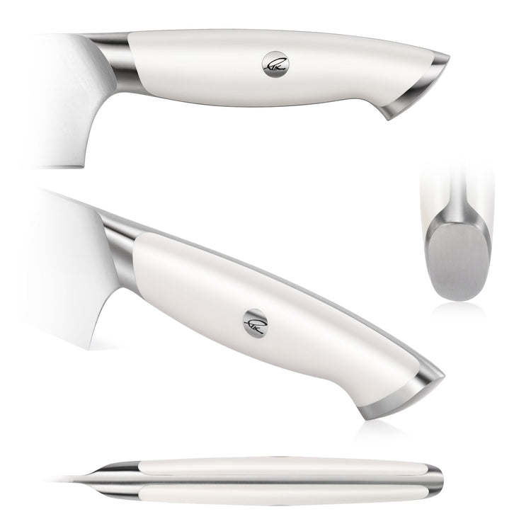 Close-up views of a white-handled kitchen knife with stainless steel accents and a logo on the handle.