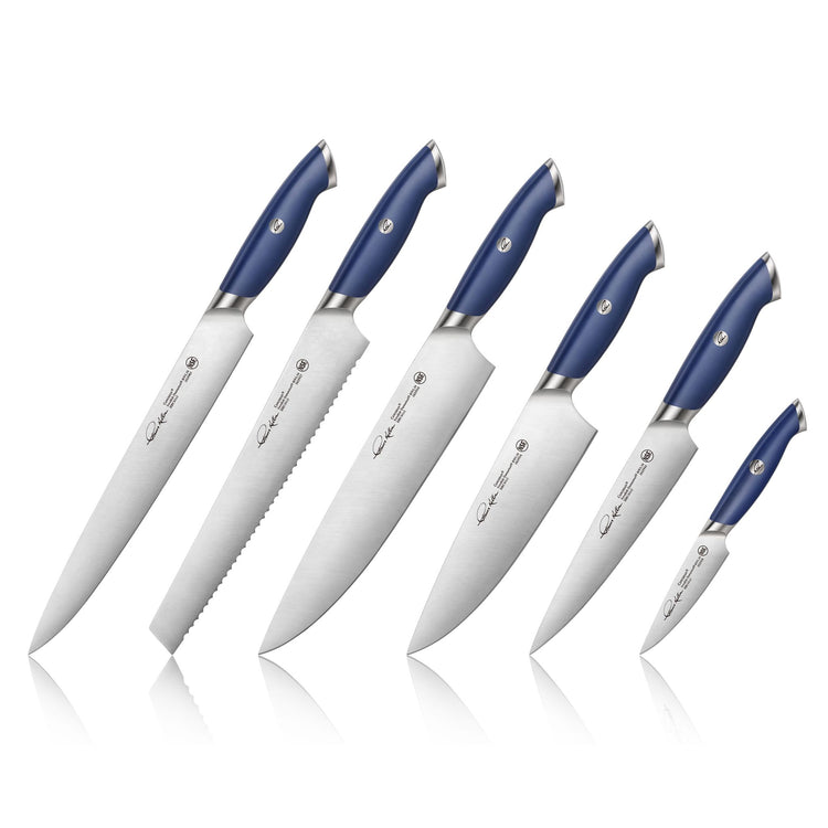 Six blue-handled kitchen knives of varying sizes arranged in a row on a white background.
