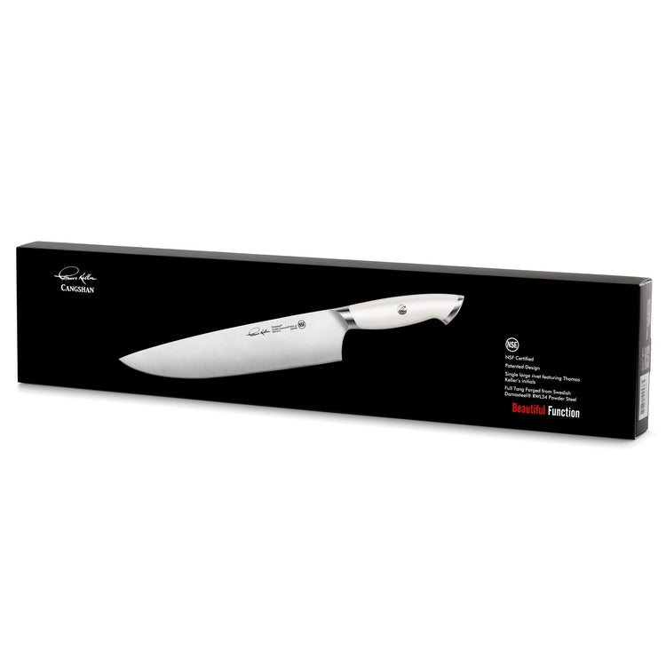 10-inch chef's knife with white handle displayed on black packaging box with product details.