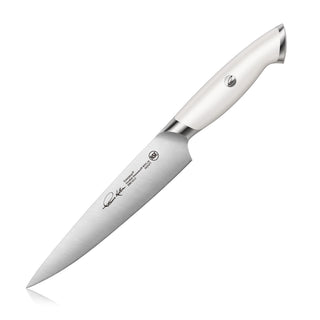 
                    
                      7-inch utility knife with white ergonomic handle and stainless steel blade, Thomas Keller signature on blade.
                    
                  