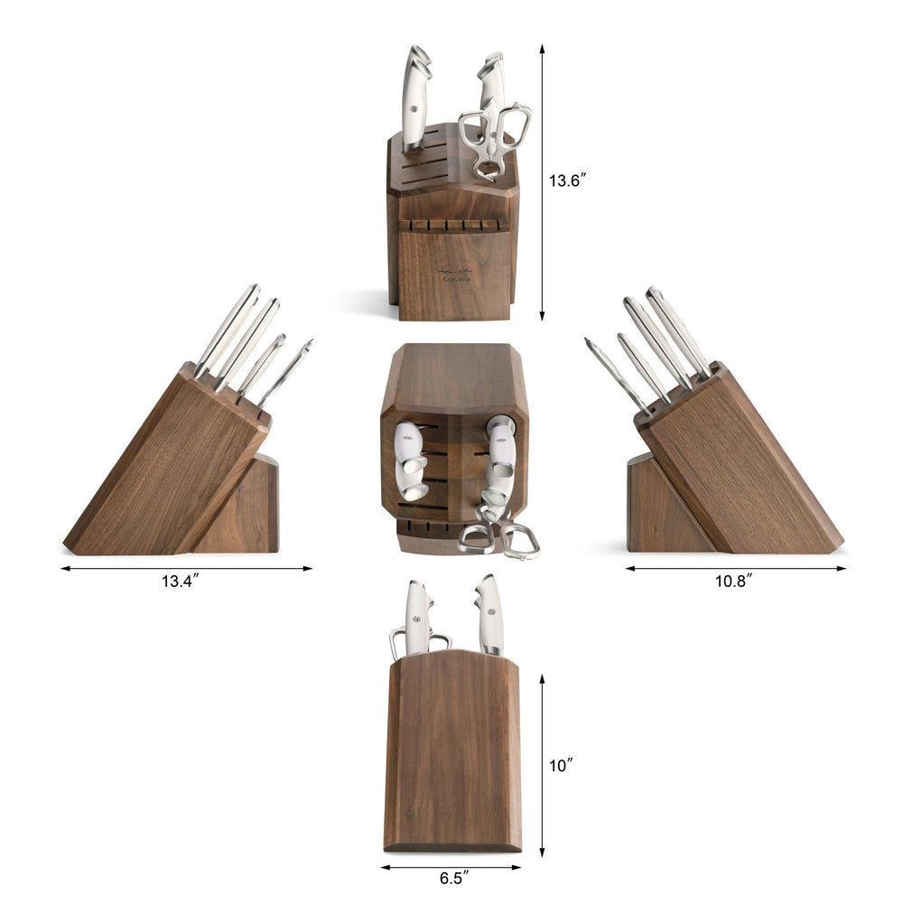 
                  
                    Load image into Gallery viewer, Cangshan TKSC White Series 1025583 Swedish Damasteel RWL34 Powder Steel Forged 7-Piece Knife Block Set, Walnut Block with 8 Spare Slots
                  
                