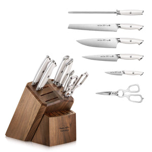 
                  
                    Load image into Gallery viewer, Cangshan TKSC White Series 1025583 Swedish Damasteel RWL34 Powder Steel Forged 7-Piece Knife Block Set, Walnut Block with 8 Spare Slots
                  
                