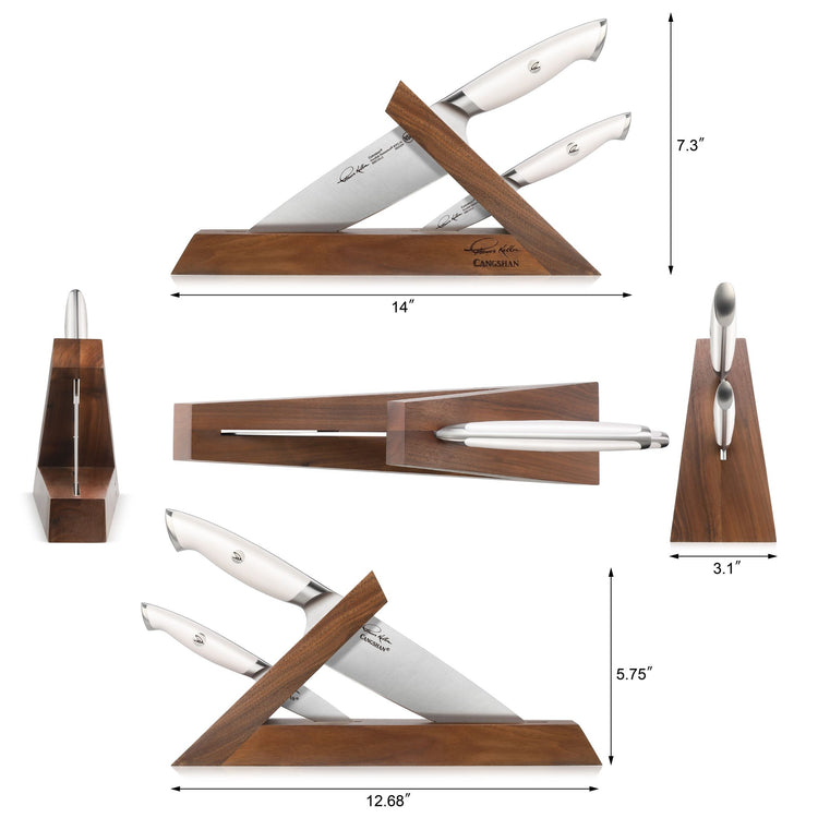 Wooden knife block holding two white-handled knives with stainless steel blades, shown from multiple angles with dimensions.