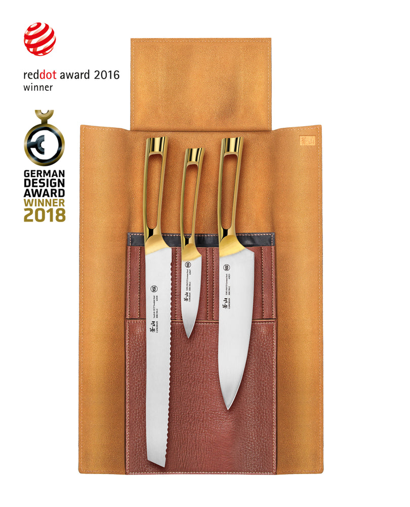 
                  
                    Load image into Gallery viewer, N1 Series 4-Piece Leather Roll Knife Set, Gold Plated Handle, Forged German Steel, 62618
                  
                