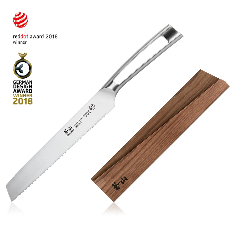 8-inch serrated bread knife with stainless steel handle and wooden sheath with engraved logo.